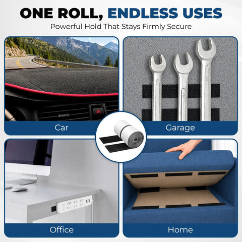 Rock Solid Heavy Duty Hook And Loop Tape Black Self Adhesive Fastener Strips used in car, garage, office, and home for securing items.