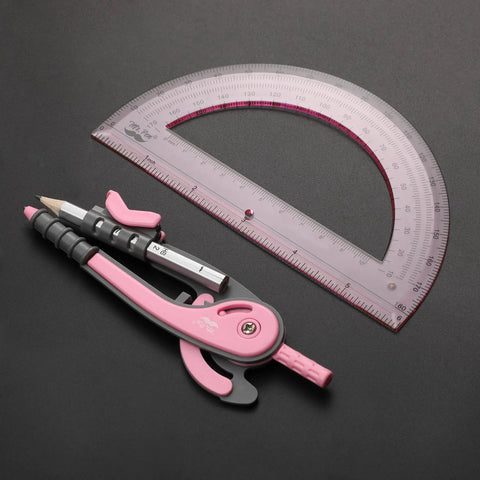 6 Inch Compass And Protractor Gear For Geometry And Drafting, Precision Circle Maker With Sturdy Grip And Smooth Handling, Ideal For Classrooms, DIY Projects, Art And Design, Arc And Circle Creation with pink compass and 180° protractor