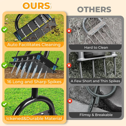 Comparison showing Lawn Aerator Tool With 16 Spikes And Spring Base Preassembled Manual Yard Aerator Kit With Gloves benefits over others