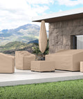 Ultima Square Ottoman Cover Heavy Duty 600D Polyester Weather Resistant With Drawcord Hem And Buckle Straps Keeps Outdoor Ottomans And Small Accent Tables Safe Tough-As-Nails Protection 24W X 24D X 18H Ripstop Tan on patio furniture