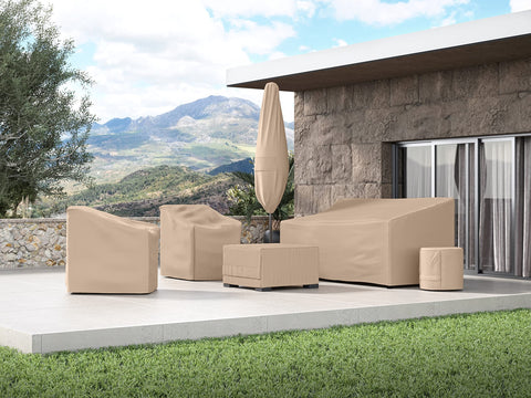 Ultima Square Ottoman Cover Heavy Duty 600D Polyester Weather Resistant With Drawcord Hem And Buckle Straps Keeps Outdoor Ottomans And Small Accent Tables Safe Tough-As-Nails Protection 24W X 24D X 18H Ripstop Tan on patio furniture