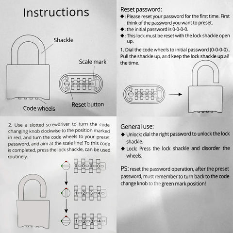 Instructions for resetting and using a stainless steel combination padlock with code wheels for the Bright Red Fire Department Box.