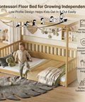 Twin Size Canopy Bed Frame With Four Posters And High Guardrails For Kids Montessori Floor Bed Natural Wood Kid Friendly Cozy Canopy