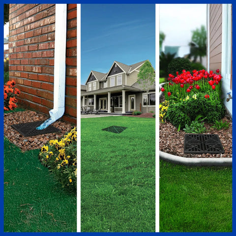 Square Catch Basin Drain Kit 12-Inch for lawns and landscaping installed with two-opening catch basin and plastic drain grates.