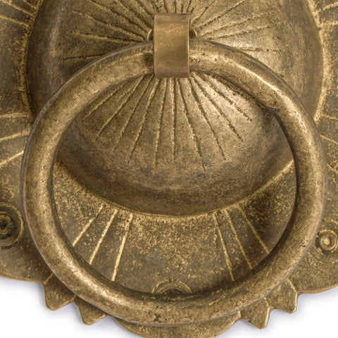 Close-up of Brilliant Sun Brass Cabinet Pulls Set Of 2 4.5 Inch showcasing detailed architectural design and 2.6 inch diameter.