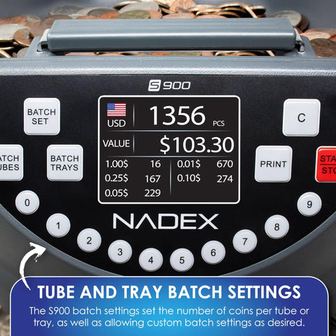 Dead On Coin Sorter And Counter Wrapper Machine With Rapid Sorting Functions Handles All US Currency Denominations Includes Forty Eight Preformed Wrappers For Fast Cash Processing display with batch settings and results.
