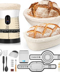 Pro-Grade Sourdough Starter Kit with 50 oz jar, two proofing baskets, scale, tools, and fresh bread loaves