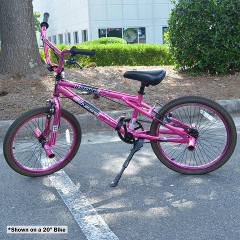Center Mount Kid Bike Kickstand Fits 18, 20, And 22 Inch Bikes Easy To Install Sturdy Stand shown on 20 inch pink bike