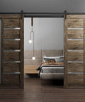 Cognac Oak Frosted Glass Double Sliding Barn Door With Solid MDF Core, 84 To 96 Inch Wide, 13 Foot Black Rail Hardware Included
