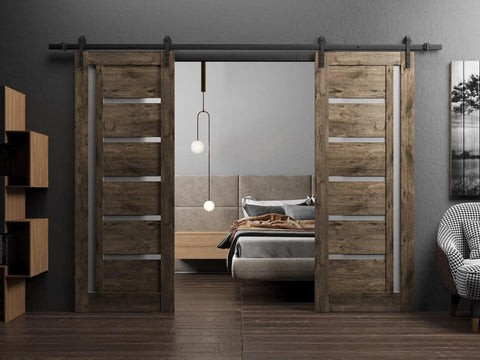 Cognac Oak Frosted Glass Double Sliding Barn Door With Solid MDF Core, 84 To 96 Inch Wide, 13 Foot Black Rail Hardware Included