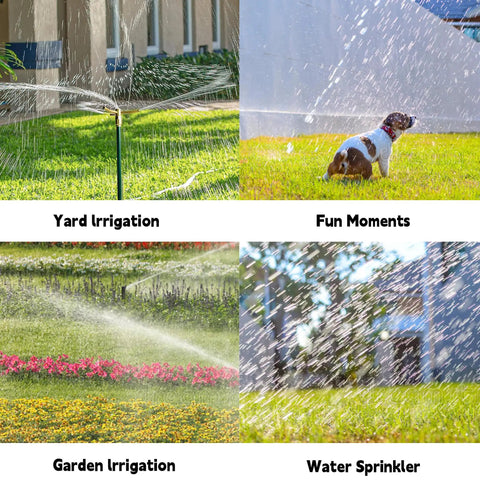 Two Pack 3 Arm Garden Sprinkler With Adjustable Telescoping Rod And Spike Base 360 Degree Rotation For Large Yards Covers Up To 24 Feet Diameter Or 450 Square Feet At 20 To 60 PSI Water Pressure in action, showcasing yard and garden irrigation, with water sprinkling over grass and plants.