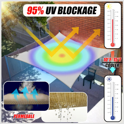 Beige 8x14 Sun Shade Sail Rectangle Canopy With UV Blocking And Water Permeable Fabric installed over patio