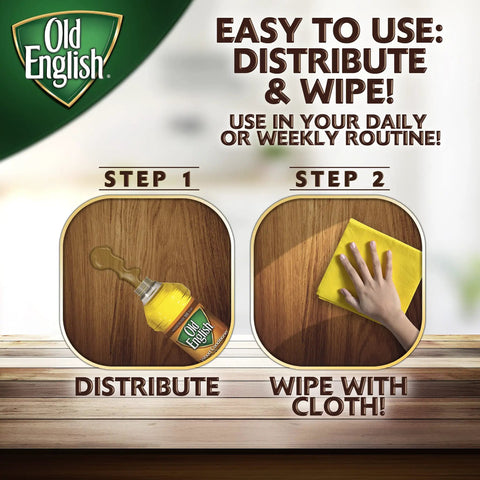Instructions for using Lemon Oil Furniture Polish For Wood Surfaces That Conditions Protects Cleans And Shines 96 Fl Oz Total Pack Of 6 Bottles 16 Oz Each Controls Stains And Scratches While Bringing Out Natural Wood Beauty Lookin' Fresh showing two steps: distribute and wipe with cloth.