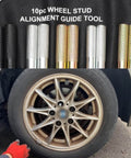 10 Piece Wheel Alignment Pin Set Heavy Duty Steel Alloy Wheel Hanger Guide Tool For Pros Universal Fit on display and in use on vehicle wheel