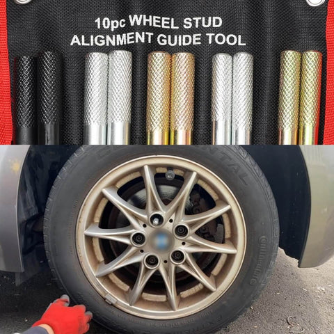 10 Piece Wheel Alignment Pin Set Heavy Duty Steel Alloy Wheel Hanger Guide Tool For Pros Universal Fit on display and in use on vehicle wheel