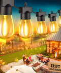 131 Ft LED Outdoor String Lights With Shatterproof S14 Bulbs Dimmable And Waterproof Commercial Grade Connectable hanging over patio