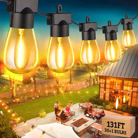 131 Ft LED Outdoor String Lights With Shatterproof S14 Bulbs Dimmable And Waterproof Commercial Grade Connectable hanging over patio