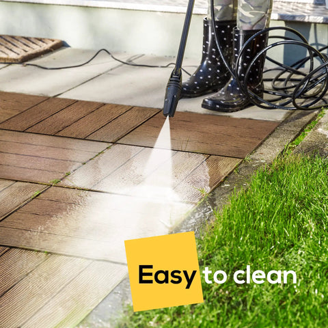 Person cleaning interlocking 12 by 12 inch balcony patio deck tiles 12 pack waterproof weatherproof floor tiles in outdoor setting.