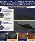Comparison chart of professional vs ordinary leather adhesive and before-after repair images.