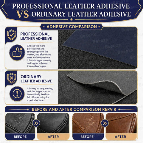 Comparison chart of professional vs ordinary leather adhesive and before-after repair images.
