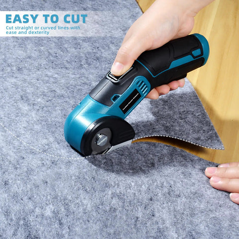 Tyimble Cordless Electric Scissors Heavy Duty Cardboard Cutter With Brushless Motor And Usb C Charging Includes 2 Tungsten Blades For Diy Crafting And Industrial Use High Efficiency Cutting Fabric Leather Carpet cutting grey fabric with precision.
