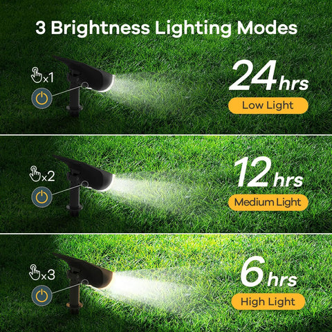 StarRay Dusk To Dawn Outdoor Solar Spot Lights IP65 Waterproof showing 3 lighting modes: low, medium, high on grass.