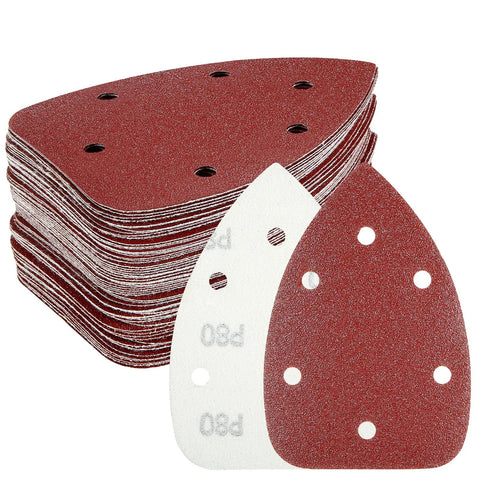 Triangular Detail Sander Sandpaper Set For Oscillating Multi Tool 60 Piece Assorted Grits, stacked with six holes visible
