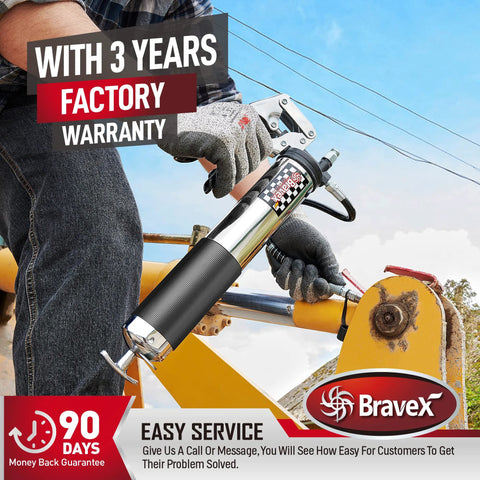 Bravex heavy-duty pistol-grip grease gun, chrome body, 6000 PSI, with 18-inch flex hose