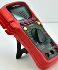 TP9605BT Auto Ranging Digital True RMS Smart Multimeter with Bluetooth and USB connectivity, red case on stand.