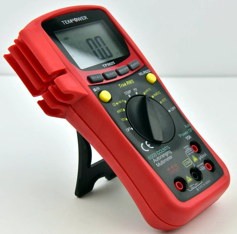 TP9605BT Auto Ranging Digital True RMS Smart Multimeter with Bluetooth and USB connectivity, red case on stand.