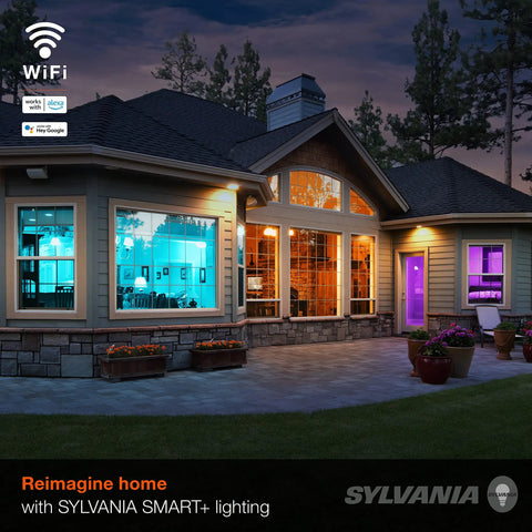 Smart home exterior with WiFi LED Smart Light Bulb BR30 65W Equivalent, showing full color and tunable white lighting indoors.