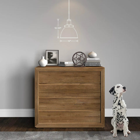 Room scene with 12 Inch Wide Pendant Light With Metal Shade In Pearled White And Brass Finish above wooden cabinet and Dalmatian.