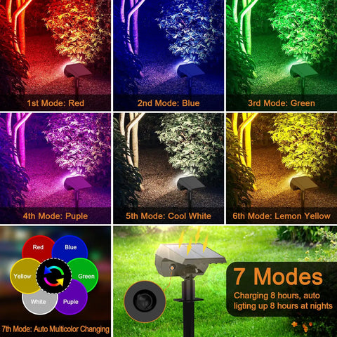 Color Changing Outdoor Solar Spot Lights 7 Modes 4 Pack IP65 Waterproof Landscape Lights demonstrating color modes.