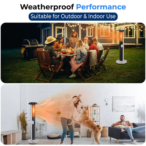 Image of Crank Up The Cozy With This Portable Infrared Patio Heater Tower With Remote Control 1500W Indoor Outdoor Use ETL Certified Black For Patio Backyard Garage Restaurant in use outdoors and indoors.