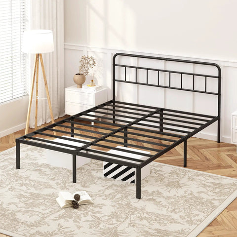 Rock Solid Full Size Bed Frame With Sleek Minimalist Headboard In Matte Black Modern Platform Setup with slats in a bright room.