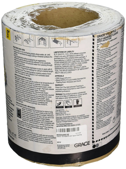 Vycor Plus Self-Adhered Flashing 9 Inch By 75 Foot Roll For Top Notch Water And Air Barrier In Critical Exterior Details wrap packaging