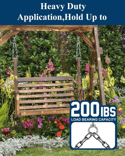 Garden swing chair demonstrating Four Pack Quarter Inch Eye Bolts Three Inch Long Heavy Duty Stainless Steel With Bonus Drill Bit Included, Working Load Limit Two Hundred Pounds.