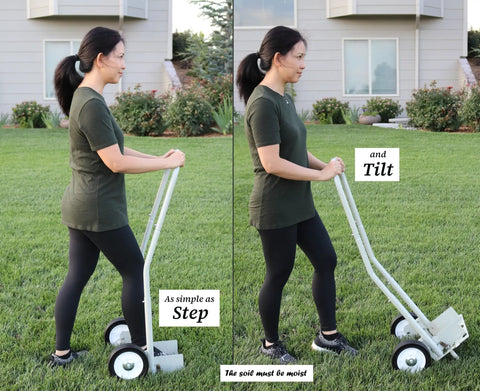Core Lawn Aerator Version 4 Kit With 3.4 Inch Standard Length Coring Tines in use, demonstrating step and tilt action on grass