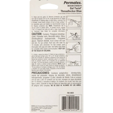 Back of packaging for Blue Gel Threadlocker, Medium Strength All Purpose Lock And Seal For Bolts And Screws, Twist Applicator, 6 Pack