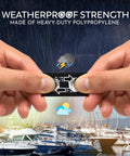Heavy Duty Boat Cover Snap Extenders With Slick Finger Loops For Dead On Canvas Fits And No Sweat Install 1 Inch Black Marine Hardware. 
Hands demonstrating weatherproof strength of 1-inch heavy-duty polypropylene clips against a rainy backdrop.