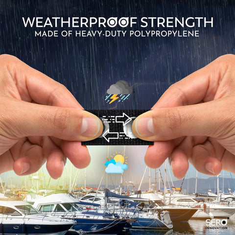 Heavy Duty Boat Cover Snap Extenders With Slick Finger Loops For Dead On Canvas Fits And No Sweat Install 1 Inch Black Marine Hardware. 
Hands demonstrating weatherproof strength of 1-inch heavy-duty polypropylene clips against a rainy backdrop.