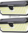 Solar Security Flood Lights Outdoor 466 LED 4000Lm Ultra Bright With 270-Degree Motion Sensor IP68 Waterproof Dusk-to-Dawn Solar Flood Light For Driveway Fence Garden Garage 2-Pack showing front view of two black and white rectangular lights with solar panels and multiple LEDs. Designed for enhanced outdoor security.