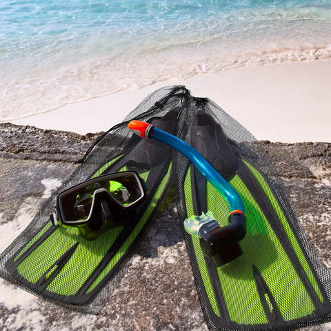 2 Pack Diving Snorkeling Mesh Drawstring Bags 29.5 x 10.8 Inches Black Gear Bags with snorkel gear on beach
