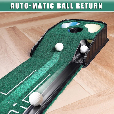Indoor Golf Putting Green Mat For Home Practice With Hazard Bunker And Water Challenge, auto-matic ball return feature