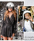 Disco Ball Helmet With Retractable Visor 5 Piece Glitter Mirror Jewelry Set For Women Party DJ Club Stage Bar Costume Accessories Silver Shine For Retro Vibes Turn Heads And Runway Party Looks displayed in festive setting.