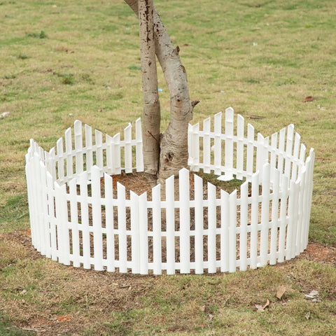 White No Dig Garden Edging Border Kit 13 Ft, showing 14.6 inch tall plastic panels forming a circle around a tree base