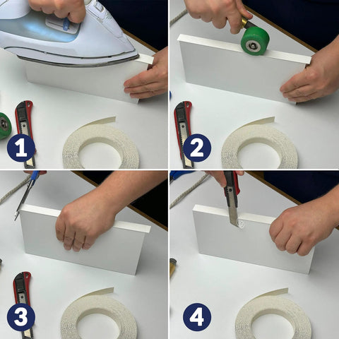 Four-step process applying White Edge Banding Melamine Iron On Tape for Cabinets and Furniture Easy Apply No Mess Three Quarter Inch by Ten Feet Wood Edging Strips Veneer Trim Laminates for MDF Plywood Formica Shelves Counters Durable Finish.