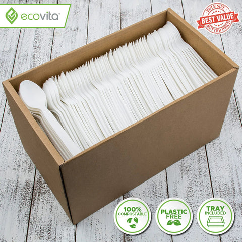 100% Compostable Large Disposable Spoons, 6.5 Inch Bulk Pack, Eco Friendly, Ultra Durable and Heat Resistant Cutlery Alternative With Tray for Parties, Catering, and Everyday Use in box