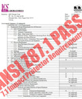 ANSI Z87.1 certification document for safety glasses with requirements summary and PASS stamp.