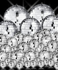 Must Have 50 Piece Silver Mirror Disco Ball Decor Set With Hanging Rings In Mixed Sizes for events, weddings, and parties.
